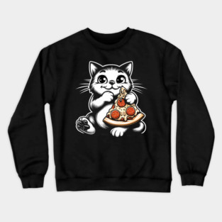 Cute Cat Eating Pizza, Funny Pizza Lover Crewneck Sweatshirt