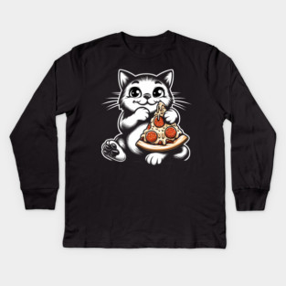 Cute Cat Eating Pizza, Funny Pizza Lover Kids Long Sleeve T-Shirt