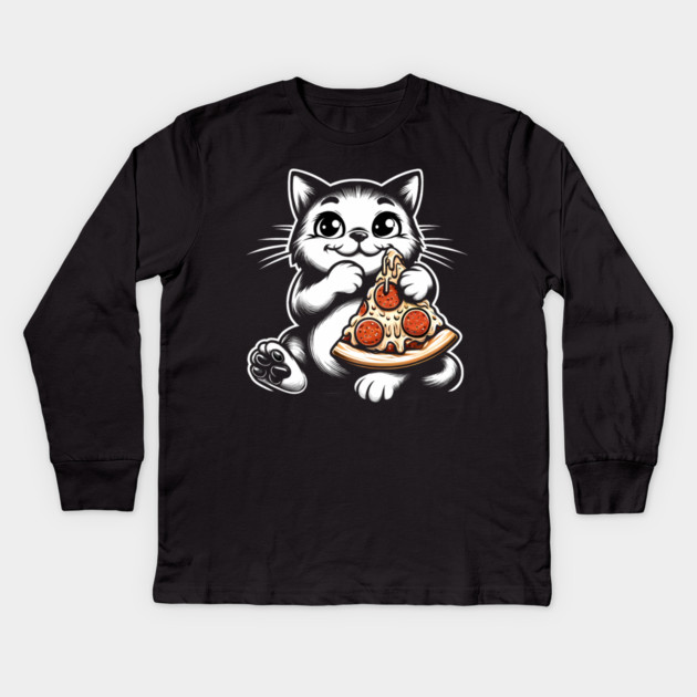 Cute Cat Eating Pizza, Funny Pizza Lover Kids Long Sleeve T-Shirt by logiamerch