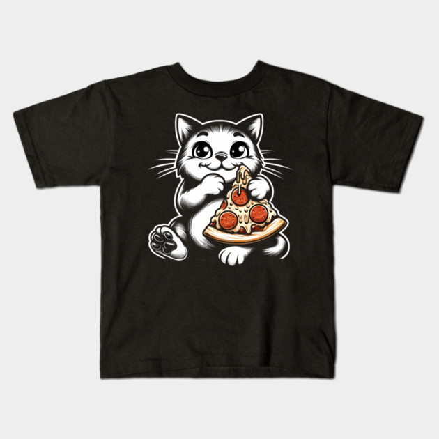 Cute Cat Eating Pizza, Funny Pizza Lover Kids T-Shirt by logiamerch