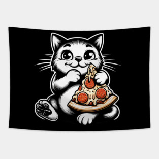 Cute Cat Eating Pizza, Funny Pizza Lover Tapestry