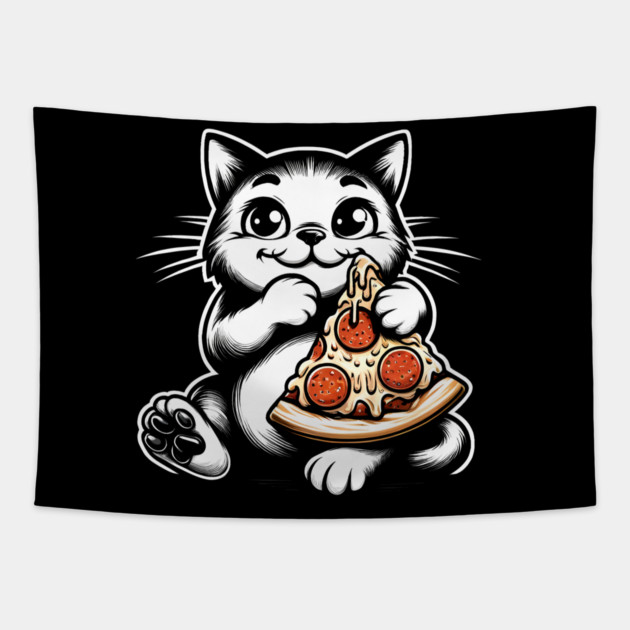 Cute Cat Eating Pizza, Funny Pizza Lover Tapestry by logiamerch