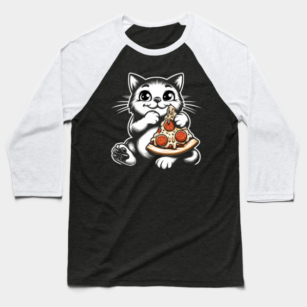 Cute Cat Eating Pizza, Funny Pizza Lover Baseball T-Shirt by logiamerch