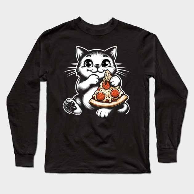 Cute Cat Eating Pizza, Funny Pizza Lover Long Sleeve T-Shirt by logiamerch