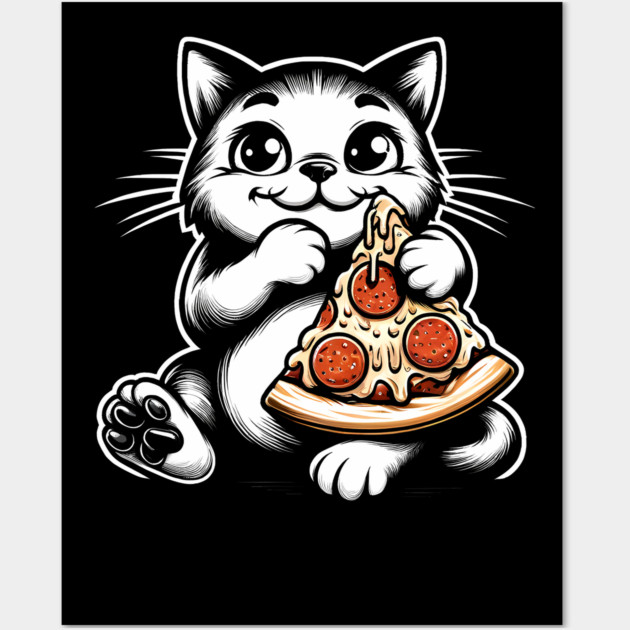 Cute Cat Eating Pizza, Funny Pizza Lover Wall Art by logiamerch