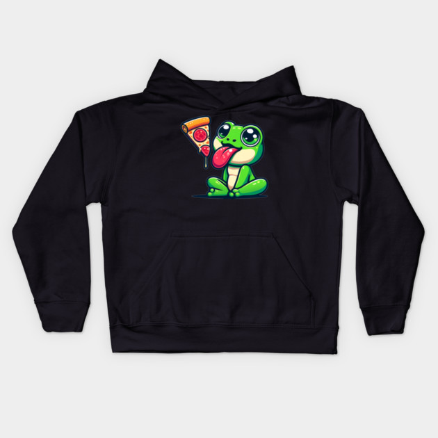 Cute Frog eating Pizza Kids Hoodie by logiamerch