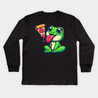 Cute Frog eating Pizza Kids Long Sleeve T-Shirt