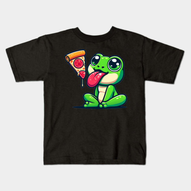 Cute Frog eating Pizza Kids T-Shirt by logiamerch