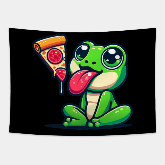 Cute Frog eating Pizza Tapestry by logiamerch