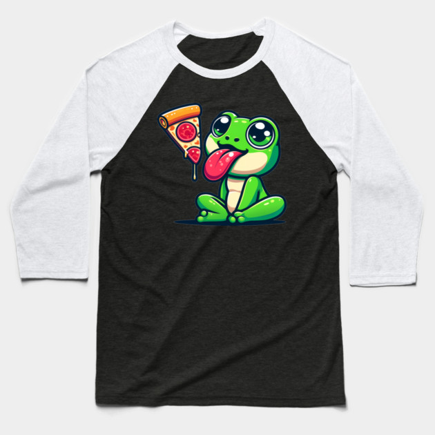 Cute Frog eating Pizza Baseball T-Shirt by logiamerch