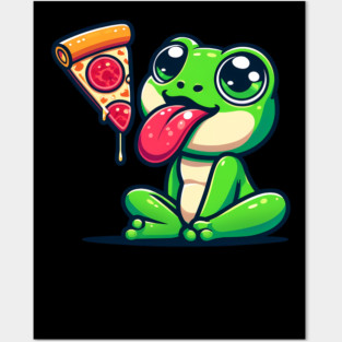 Cute Frog eating Pizza Posters and Art