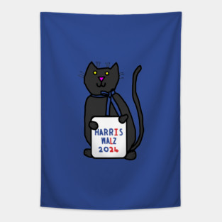Small Cute Cat with Harris Walz 2024 Sign Tapestry