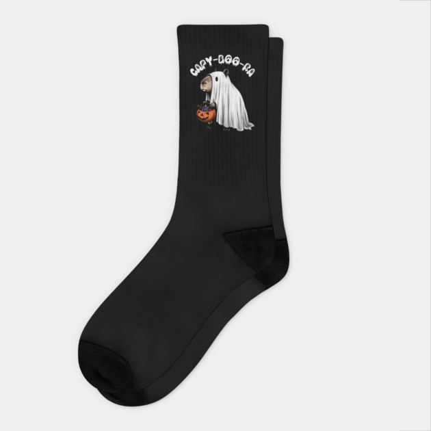 Capy-Boo-Ra Design: Capybara Ghost with Candy - Cute Halloween Art Socks by Designed By Marty