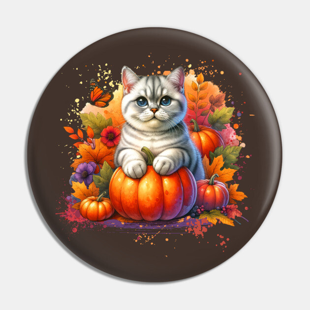British Shorthair Cat with Pumpkin Pin by HolidayBug