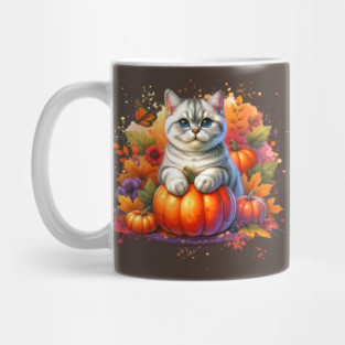 British Shorthair Cat with Pumpkin Mug