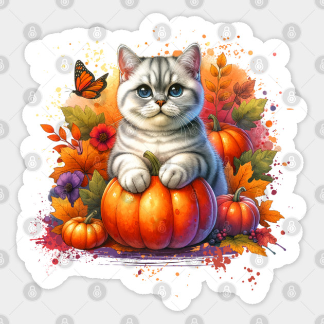 British Shorthair Cat with Pumpkin Sticker by HolidayBug
