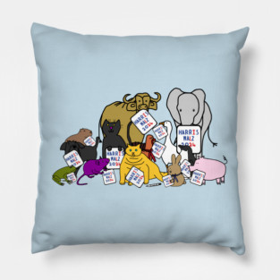 Election Group of Cute Animals with Harris Walz 2024 Signs Pillow