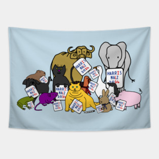 Election Group of Cute Animals with Harris Walz 2024 Signs Tapestry