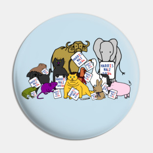 Election Group of Cute Animals with Harris Walz 2024 Signs Pin