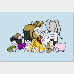 Election Group of Cute Animals with Harris Walz 2024 Signs Posters and Art