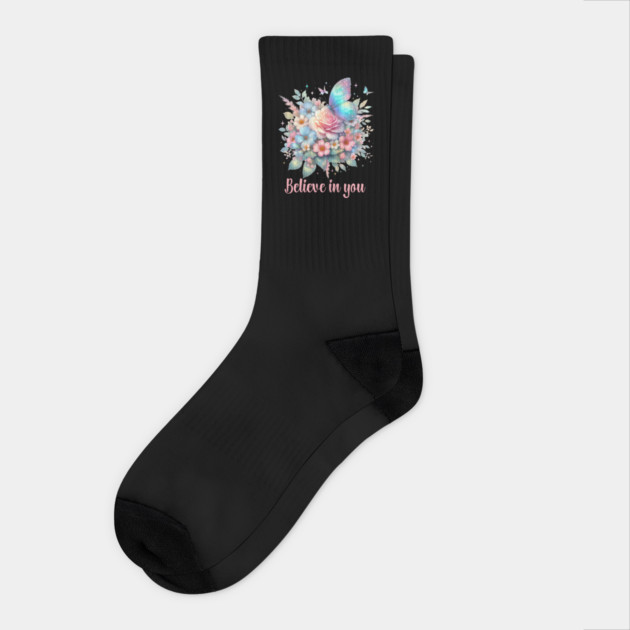 BELIEVE IN YOU, FLORAL BUTTERFLY MENTAL HEALTH QUOTES, SELF LOVE QUOTES Socks by Prinyos