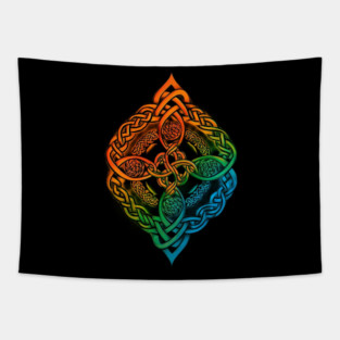 colorful Celtic knot design with interwoven patterns in a symmetrical arrangement Tapestry