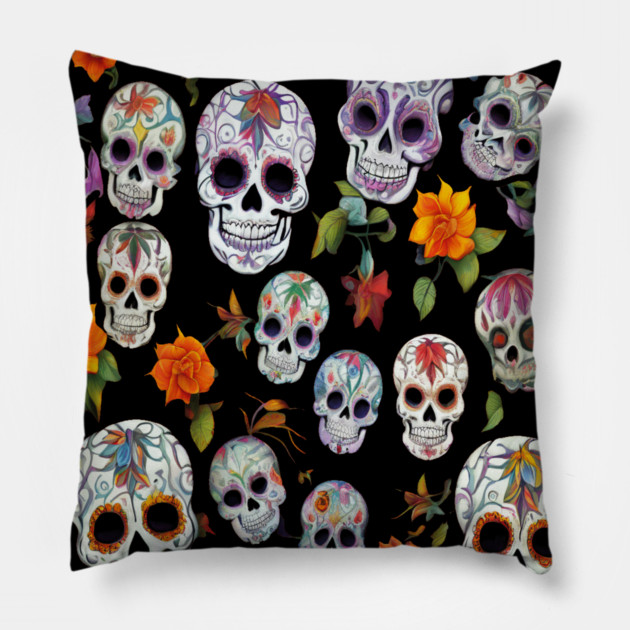 Halloween Sugar Skull and Festive Skull Pattern Pillow by BirdsnStuff