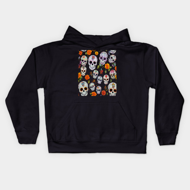 Halloween Sugar Skull and Festive Skull Pattern Kids Hoodie by BirdsnStuff