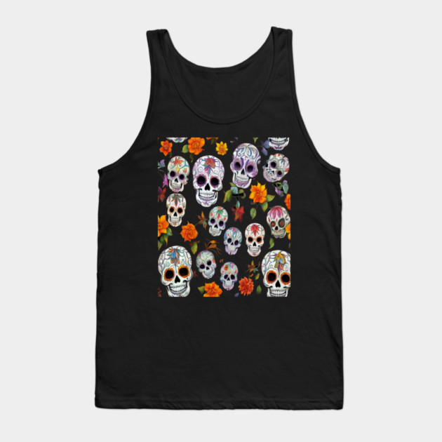 Halloween Sugar Skull and Festive Skull Pattern Tank Top by BirdsnStuff