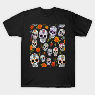 Halloween Sugar Skull and Festive Skull Pattern T-Shirt