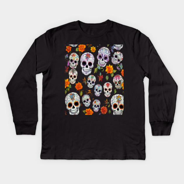Halloween Sugar Skull and Festive Skull Pattern Kids Long Sleeve T-Shirt by BirdsnStuff