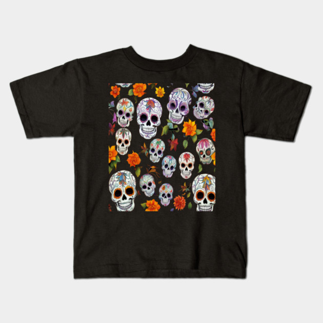 Halloween Sugar Skull and Festive Skull Pattern Kids T-Shirt by BirdsnStuff