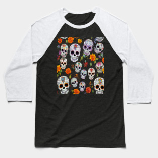Halloween Sugar Skull and Festive Skull Pattern Baseball T-Shirt