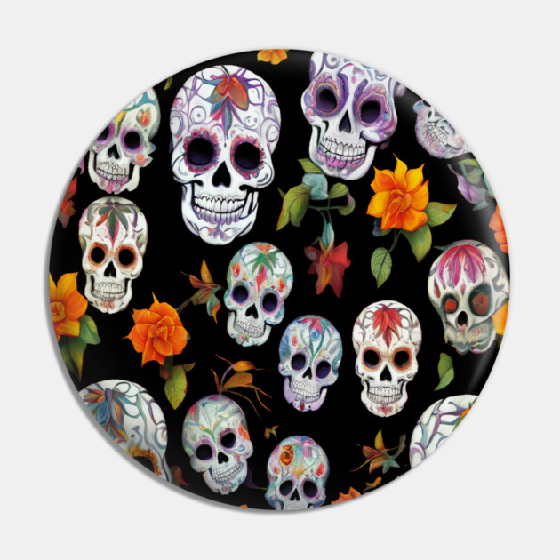 Halloween Sugar Skull and Festive Skull Pattern Pin by BirdsnStuff