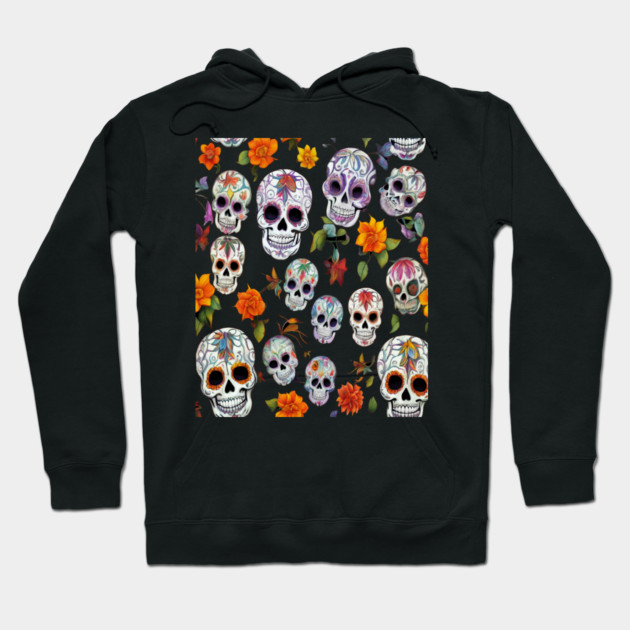 Halloween Sugar Skull and Festive Skull Pattern Hoodie by BirdsnStuff