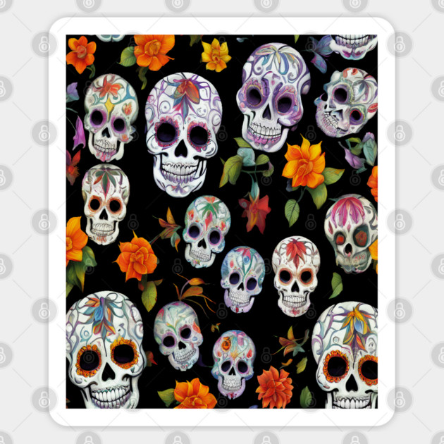 Halloween Sugar Skull and Festive Skull Pattern Sticker by BirdsnStuff
