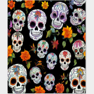 Halloween Sugar Skull and Festive Skull Pattern Posters and Art