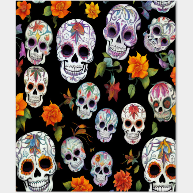 Halloween Sugar Skull and Festive Skull Pattern Wall Art by BirdsnStuff