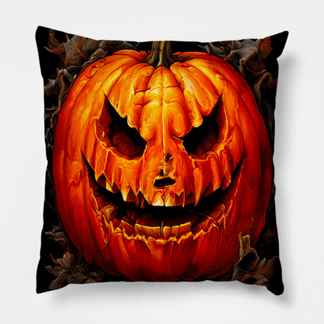 Halloween Scary Giant Orange Pumpkin Face Pillow by BirdsnStuff