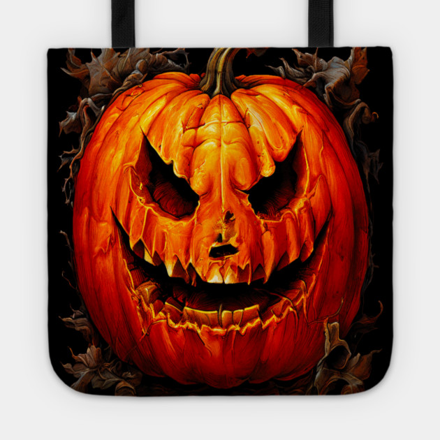 Halloween Scary Giant Orange Pumpkin Face Tote by BirdsnStuff