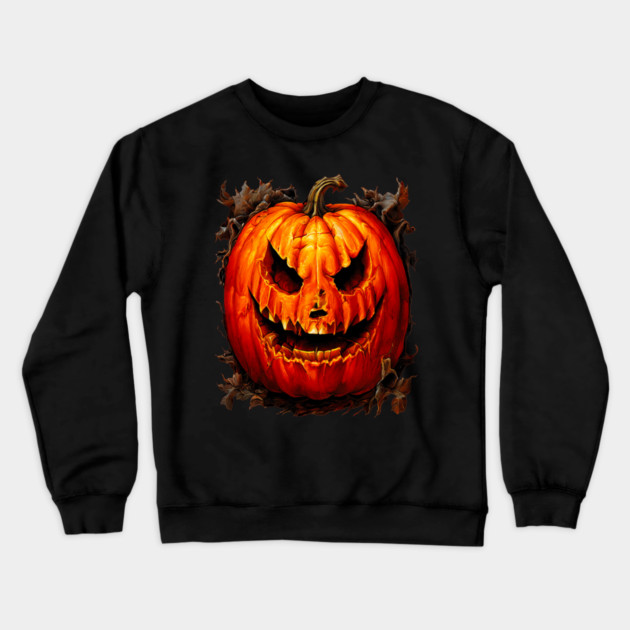 Halloween Scary Giant Orange Pumpkin Face Crewneck Sweatshirt by BirdsnStuff