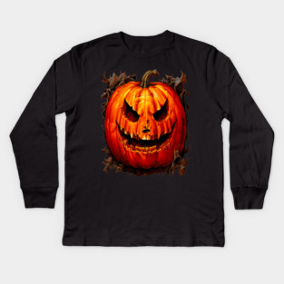 Halloween Scary Giant Orange Pumpkin Face Kids Long Sleeve T-Shirt