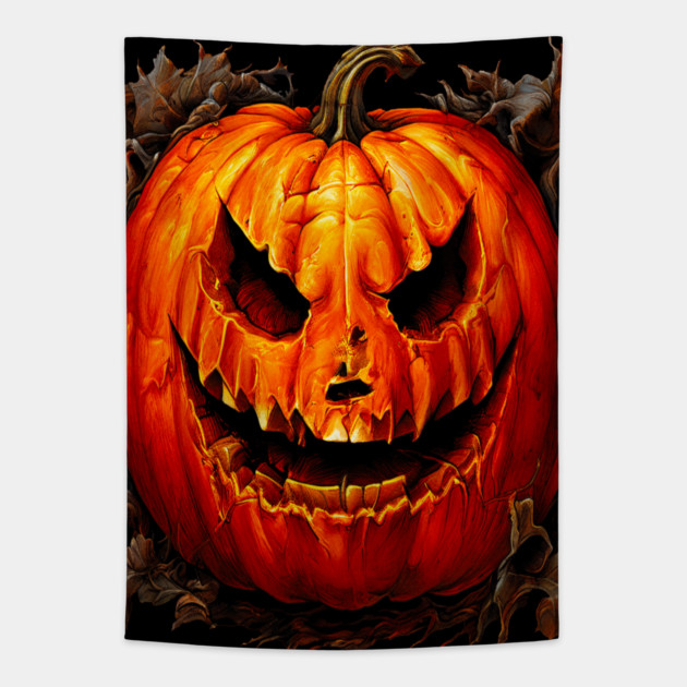 Halloween Scary Giant Orange Pumpkin Face Tapestry by BirdsnStuff