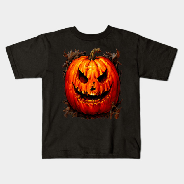 Halloween Scary Giant Orange Pumpkin Face Kids T-Shirt by BirdsnStuff