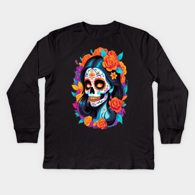 Day of the Dead Sugar Skull Halloween Kids Long Sleeve T-Shirt by BirdsnStuff