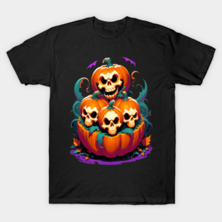 Halloween Scary Skeletons and Orange Pumpkins T-Shirt