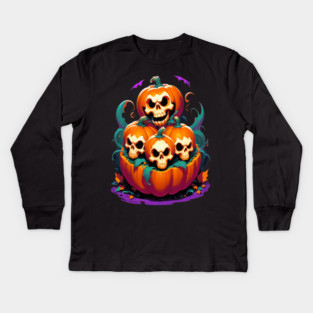 Halloween Scary Skeletons and Orange Pumpkins Kids Long Sleeve T-Shirt