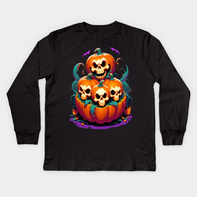 Halloween Scary Skeletons and Orange Pumpkins Kids Long Sleeve T-Shirt by BirdsnStuff