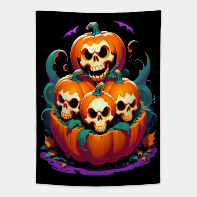 Halloween Scary Skeletons and Orange Pumpkins Tapestry by BirdsnStuff