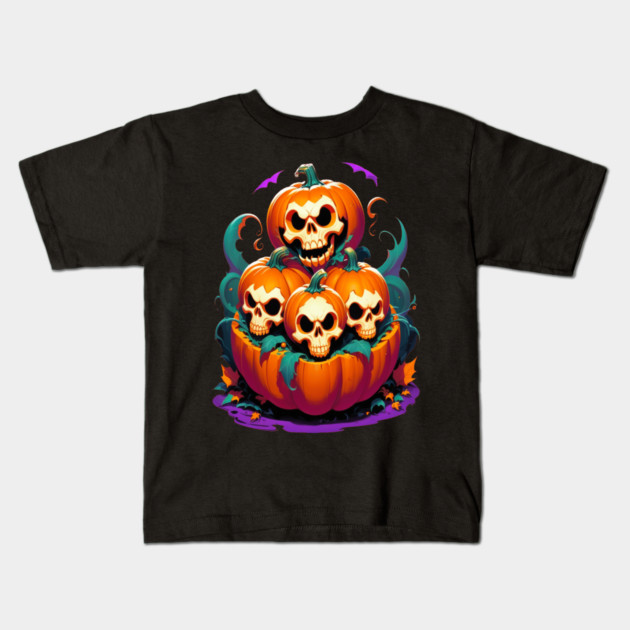 Halloween Scary Skeletons and Orange Pumpkins Kids T-Shirt by BirdsnStuff